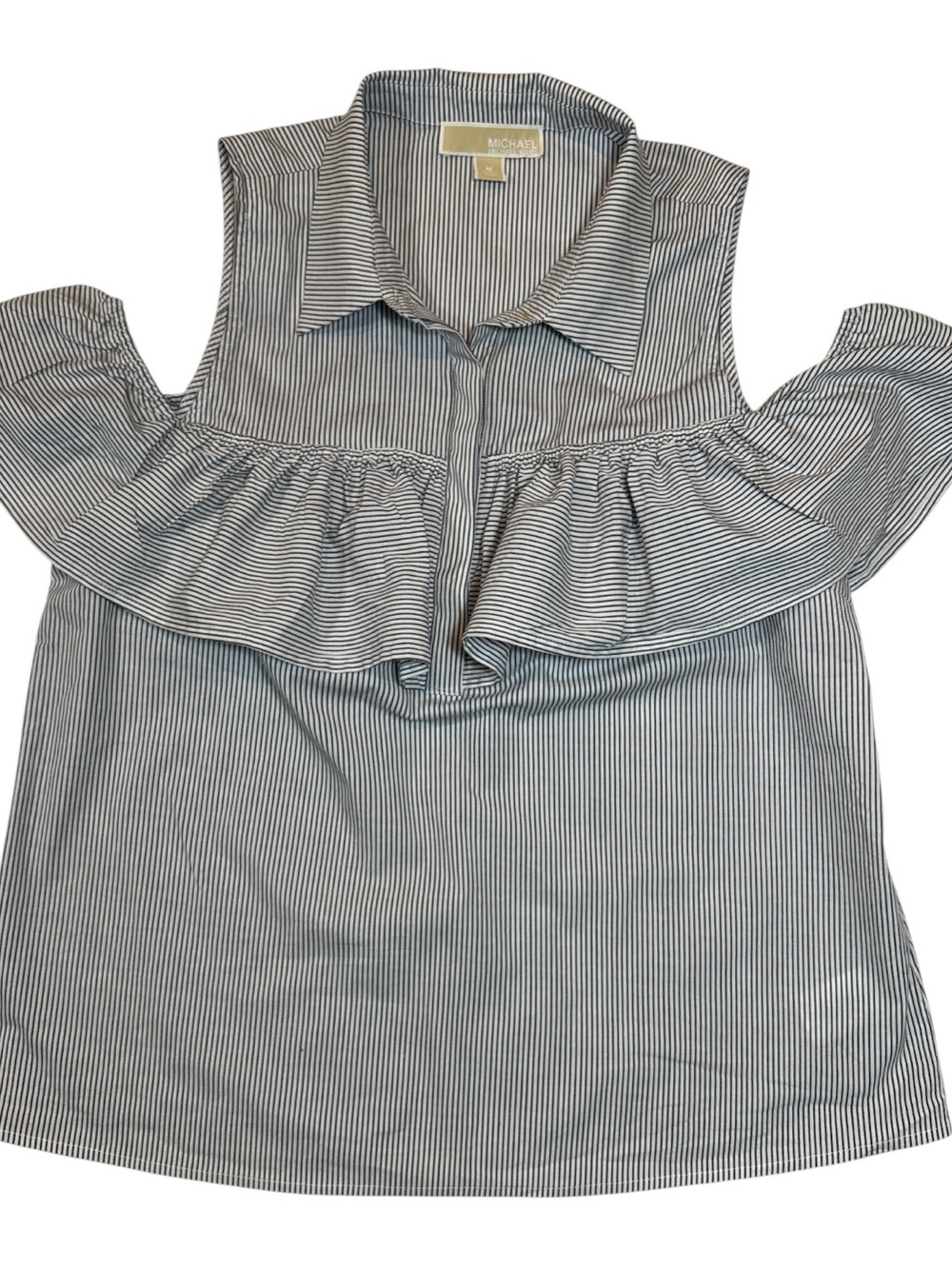MICHAEL Michael Kors Navy and White Striped Cold-Shoulder Ruffle Blouse